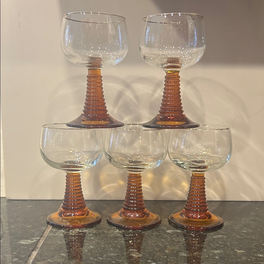 Vgt amber beehive stemmed wine or brandy glasses. Made in France MCM - Picture 4 of 6